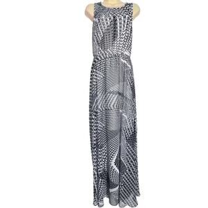 Calvin Klein Silk Maxi Dress Womens 12 Black White Geometric Abstract Art Flowy
